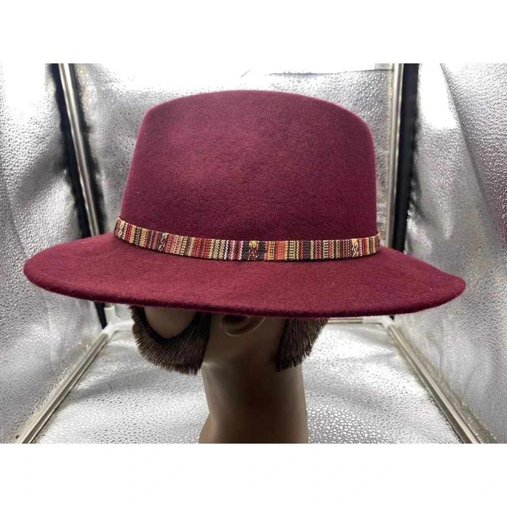 Unbranded‎ Fedora Women OS Burgundy Wool Felt Wide Brim Tribal Band Boho Western